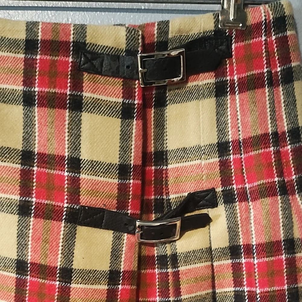 Moda International Red , Tan ,Black And White Pleated Plaid Mini Skirt